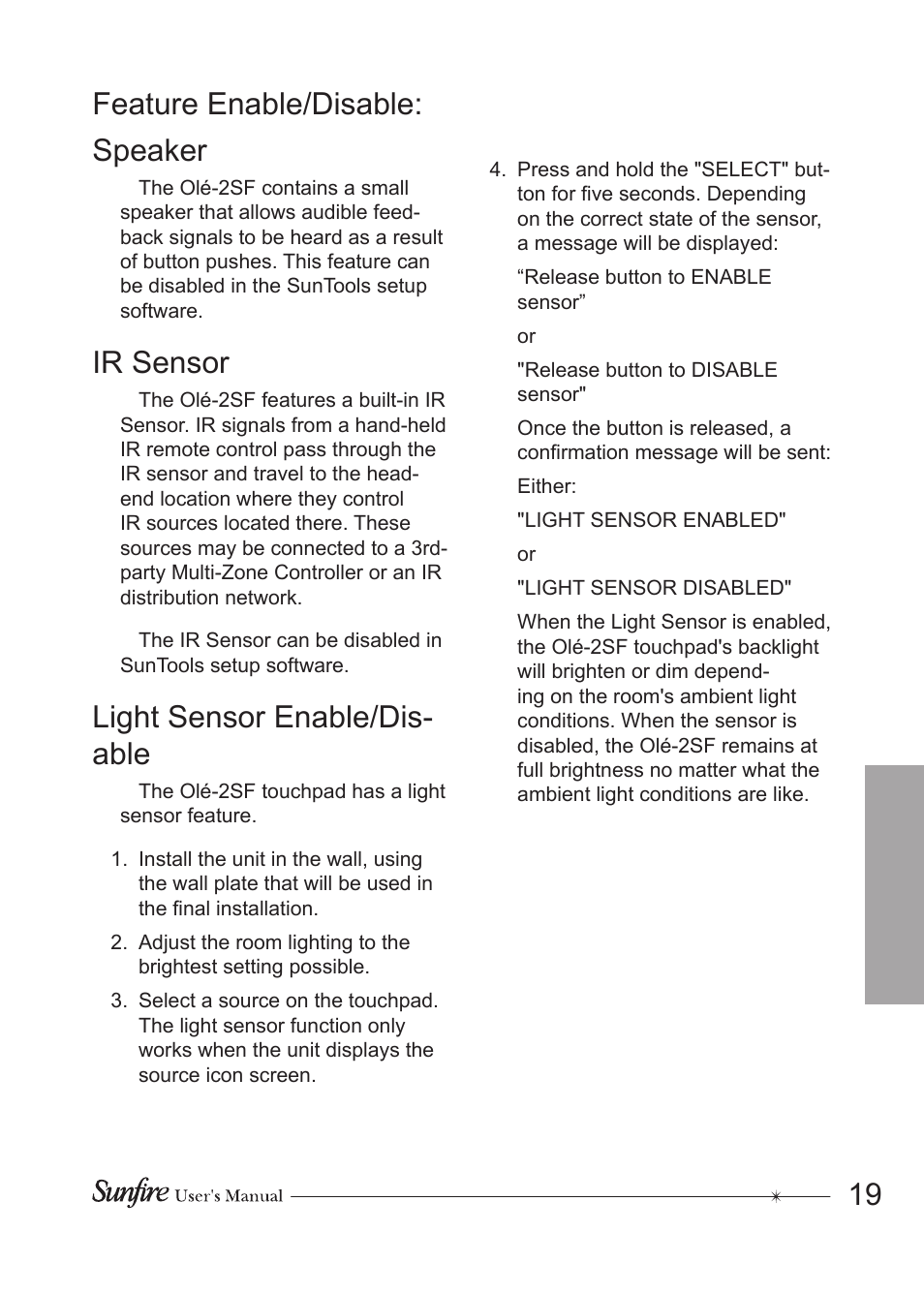Feature enable/disable: speaker, Ir sensor, Light sensor enable/dis- able | Sunfire OLE-2SF User Manual | Page 19 / 24