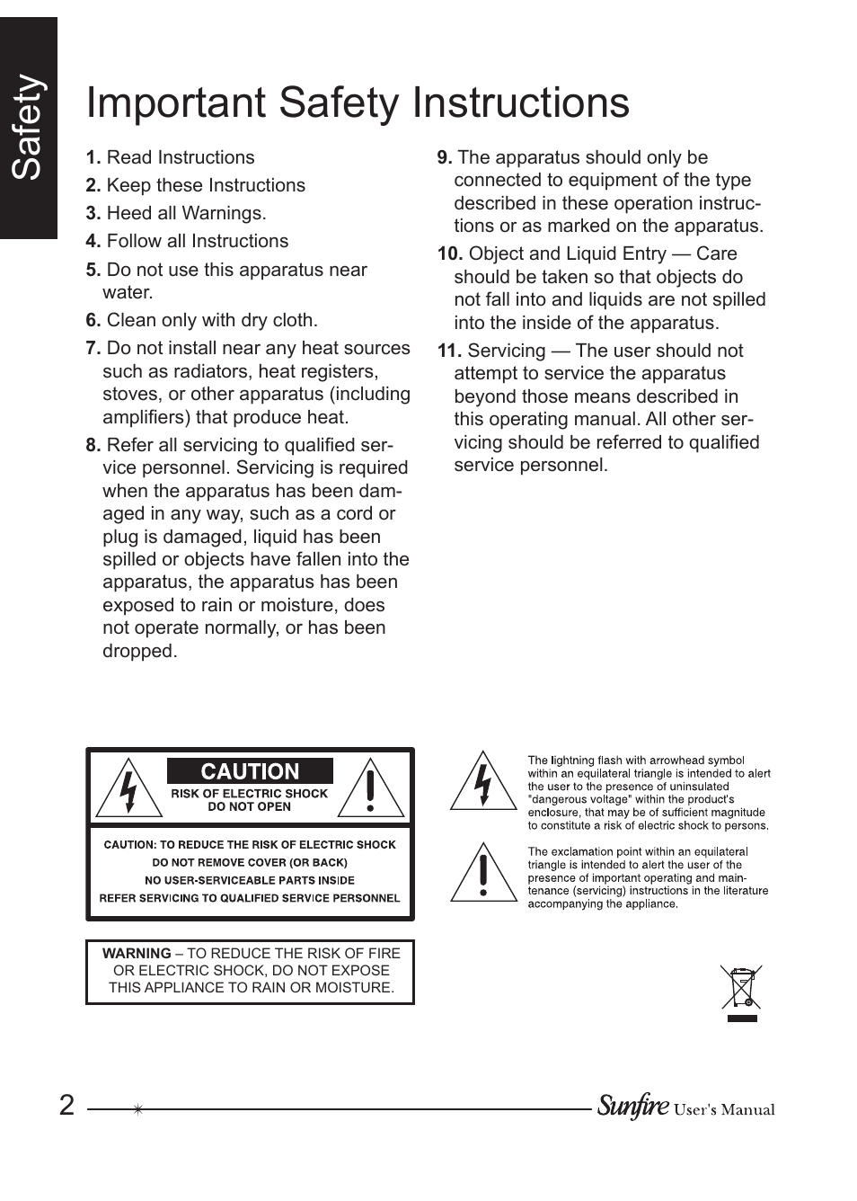 Important safety instructions, Safety | Sunfire OLE-2SF User Manual | Page 2 / 24