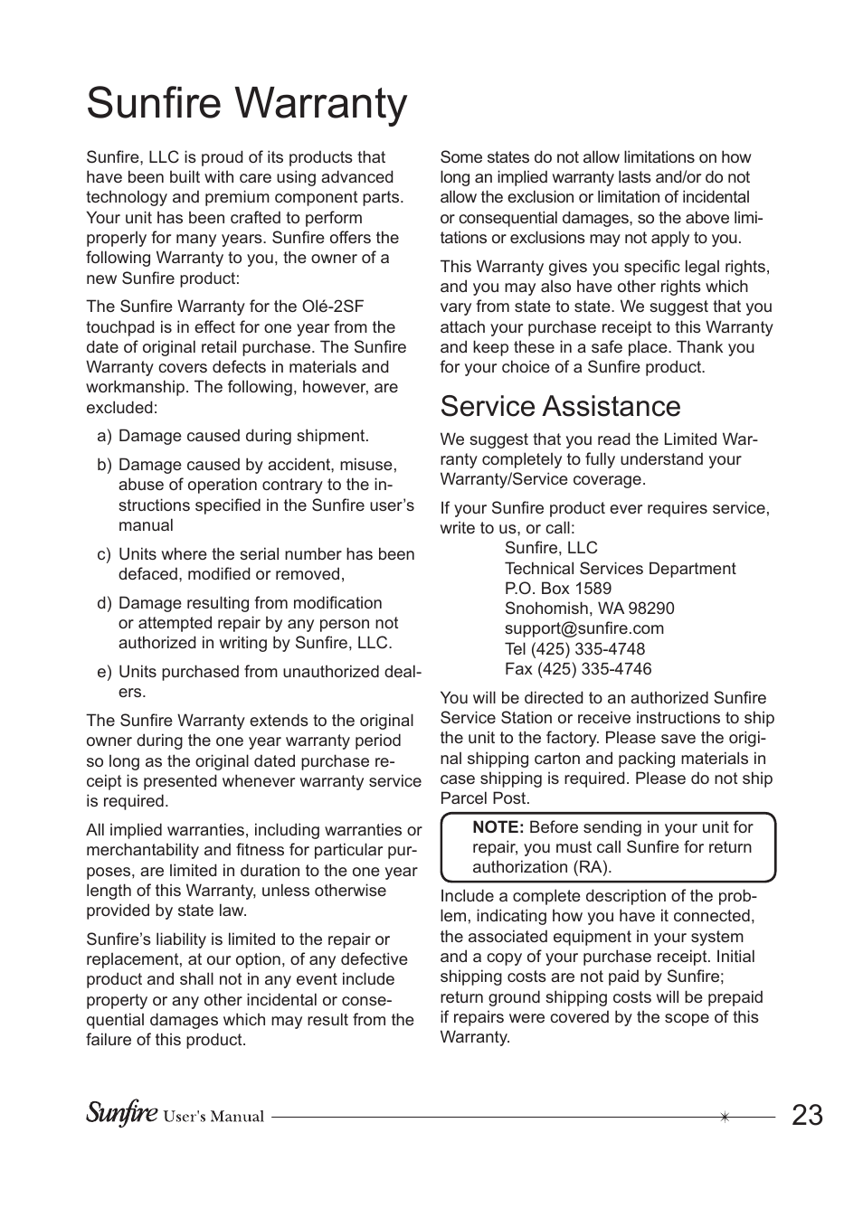 Sunfire warranty, Service assistance | Sunfire OLE-2SF User Manual | Page 23 / 24