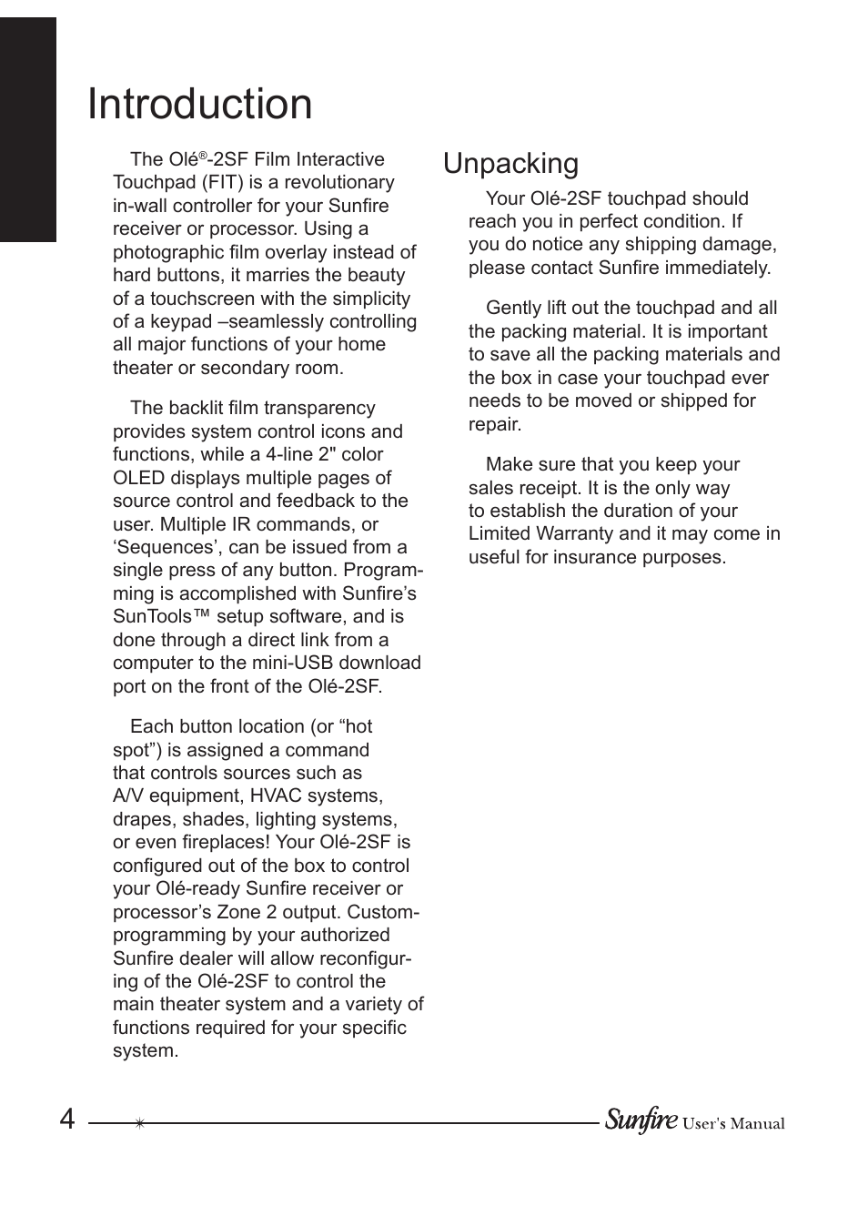 Introduction, Unpacking | Sunfire OLE-2SF User Manual | Page 4 / 24