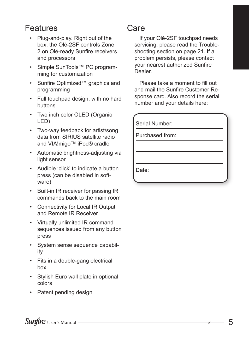 Features, Care | Sunfire OLE-2SF User Manual | Page 5 / 24