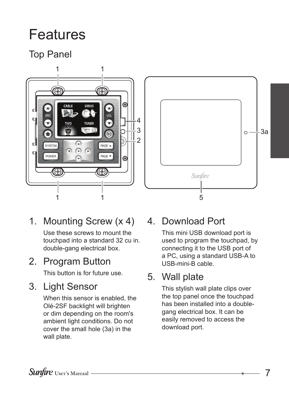 Features, Mounting screw (x 4), Program button | Light sensor, Download port, Wall plate, Top panel 7 | Sunfire OLE-2SF User Manual | Page 7 / 24