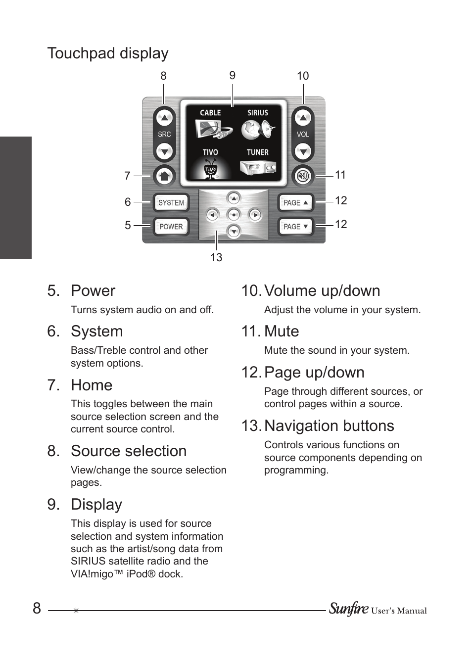 Power, System, Home | Source selection, Display, Volume up/down, Mute, 1. page up/down, Navigation buttons, Touchpad display | Sunfire OLE-2SF User Manual | Page 8 / 24
