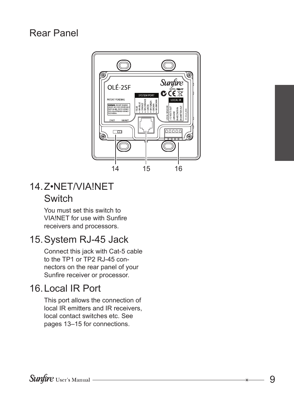 Z•net/via!net switch, 1. system rj-4 jack, Local ir port | Rear panel 9 | Sunfire OLE-2SF User Manual | Page 9 / 24