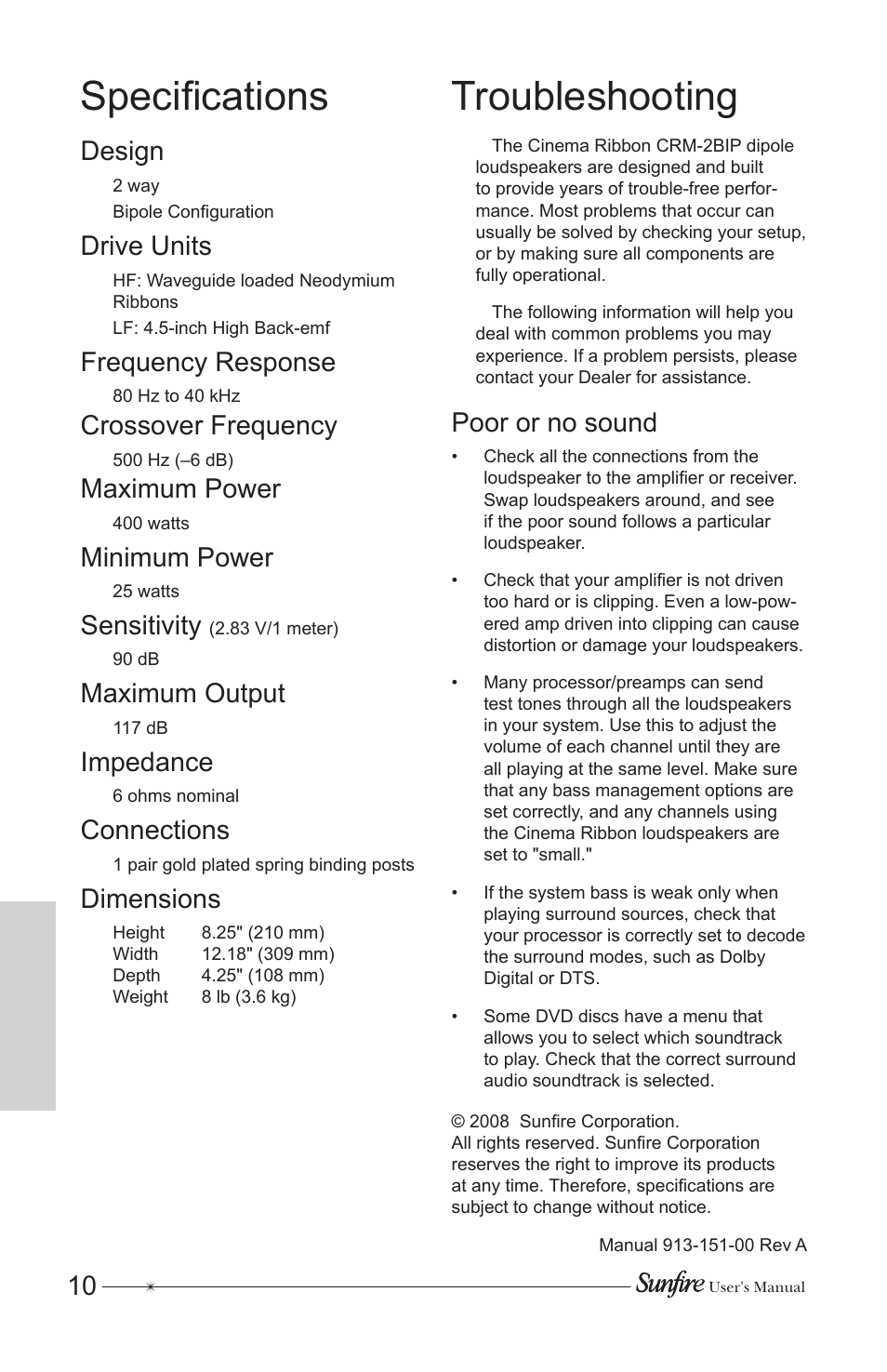 Specifications, Troubleshooting, Design | Drive units, Frequency response, Crossover frequency, Maximum power, Minimum power, Sensitivity, Maximum output | Sunfire CRM-2BIP User Manual | Page 10 / 12