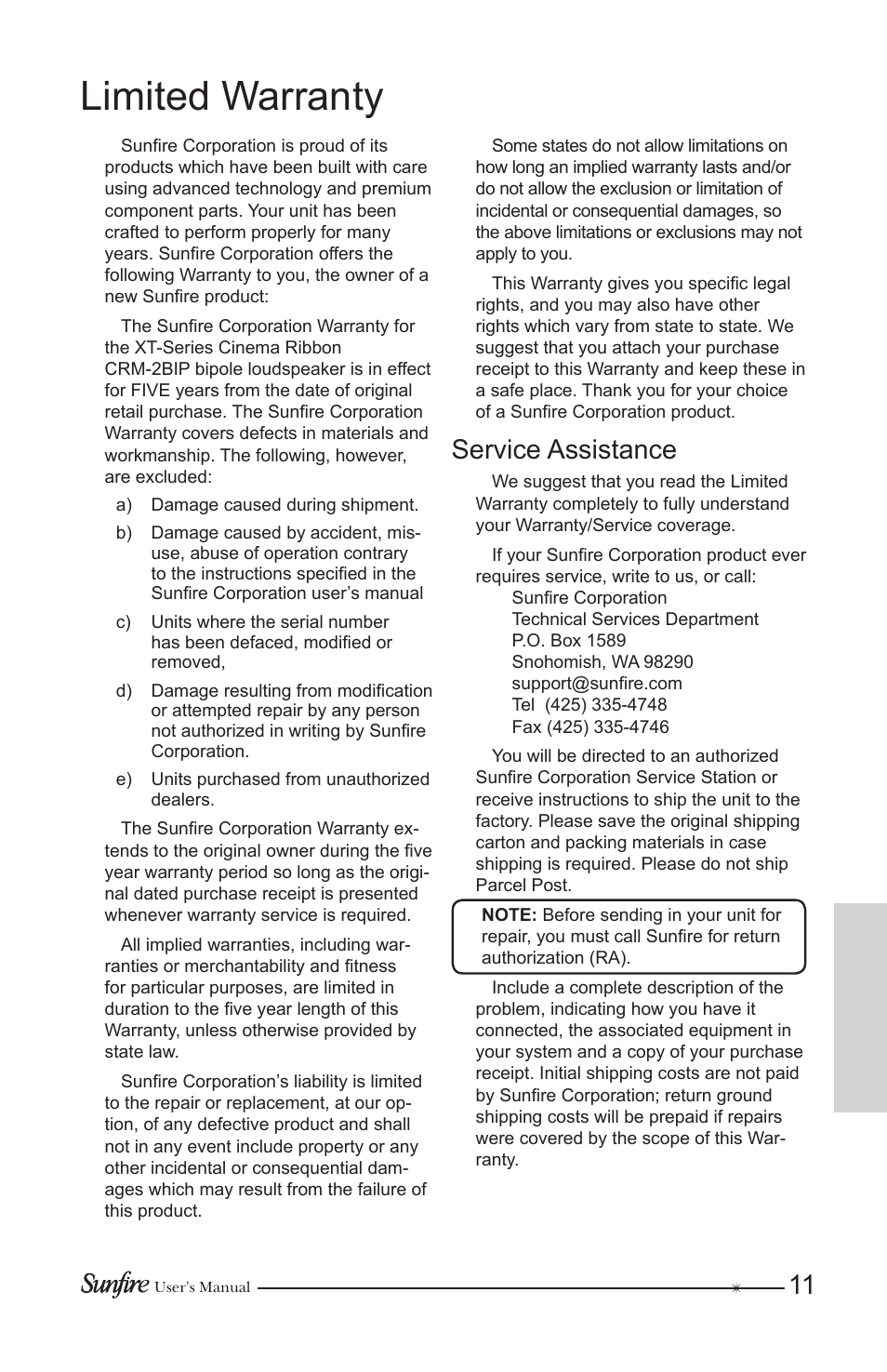 Limited warranty, Service assistance | Sunfire CRM-2BIP User Manual | Page 11 / 12