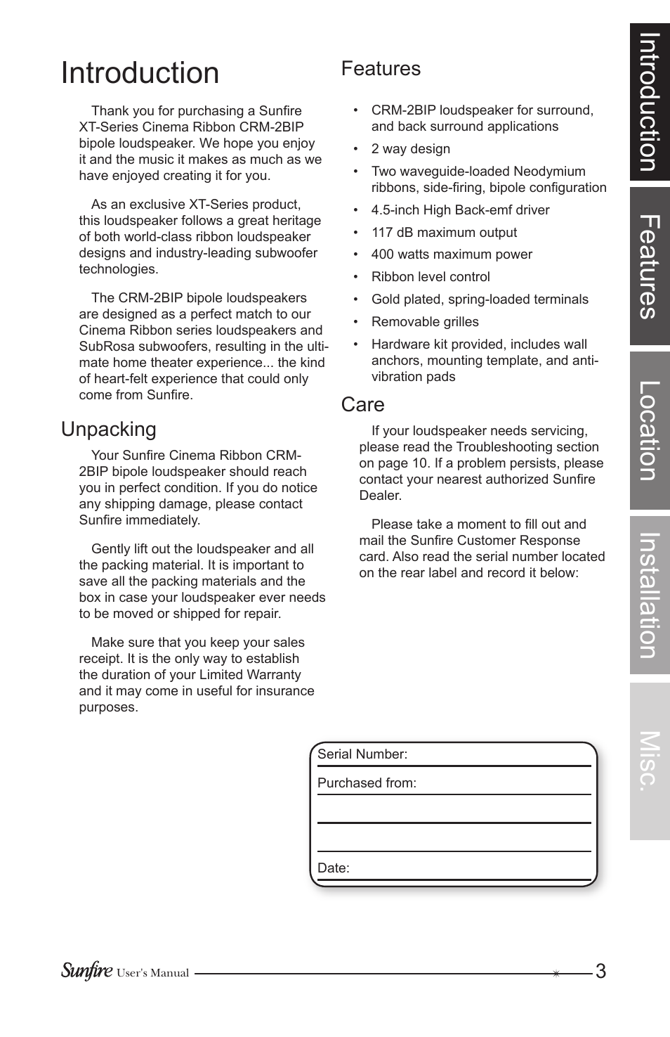 Introduction, Introduction features location installation misc, 3features | Care, Unpacking | Sunfire CRM-2BIP User Manual | Page 3 / 12