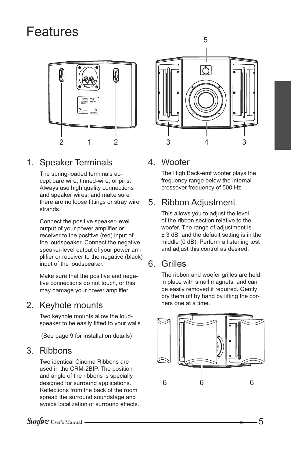 Features, Speaker terminals, Keyhole mounts | Ribbons, Woofer, Ribbon adjustment, Grilles | Sunfire CRM-2BIP User Manual | Page 5 / 12