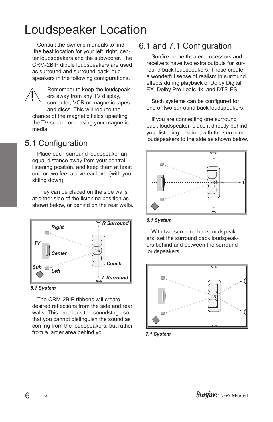 Loudspeaker location, 1 configuration, 1 and 7.1 configuration | Sunfire CRM-2BIP User Manual | Page 6 / 12