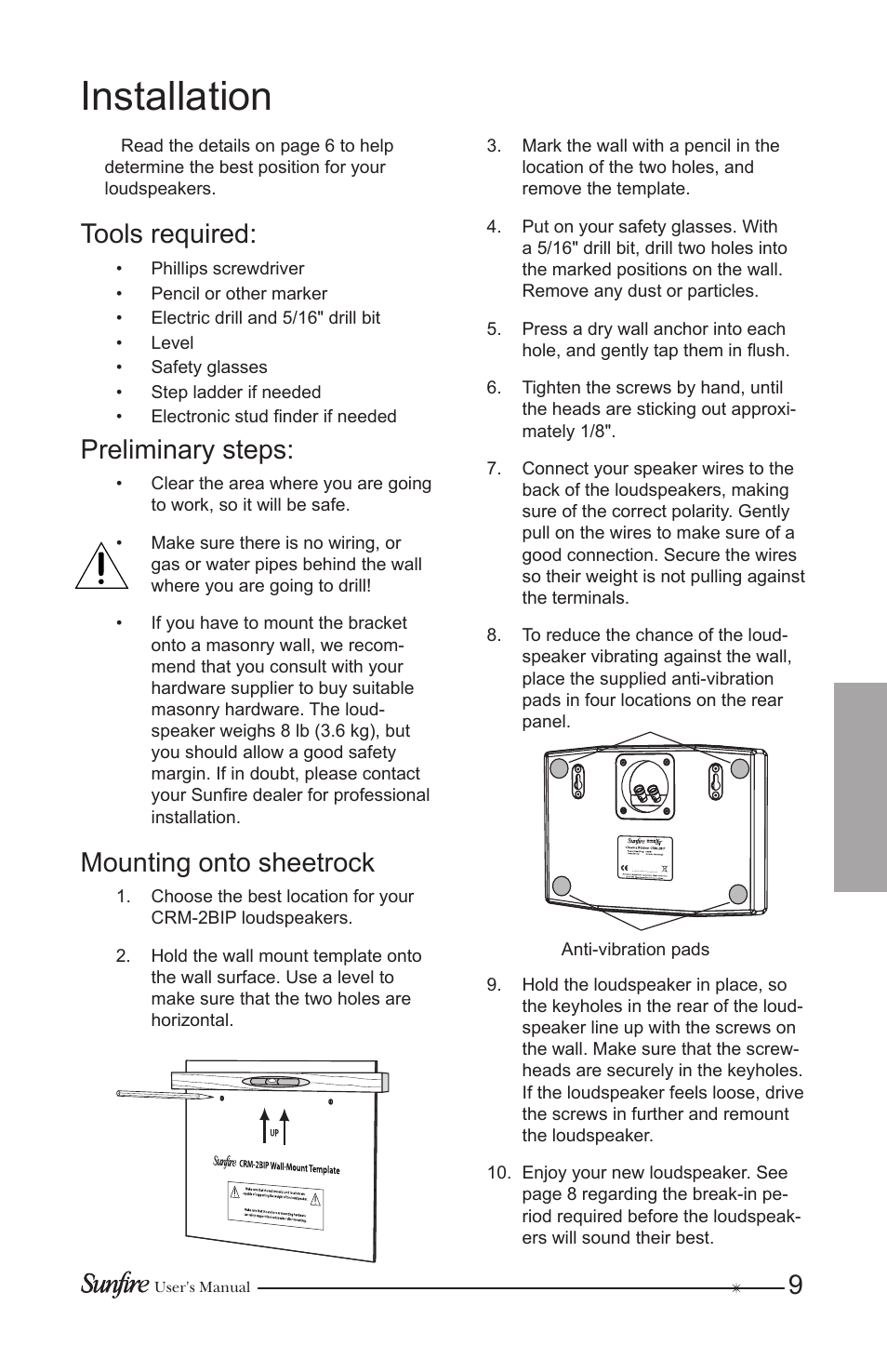 Installation, Tools required, Preliminary steps | Mounting onto sheetrock | Sunfire CRM-2BIP User Manual | Page 9 / 12