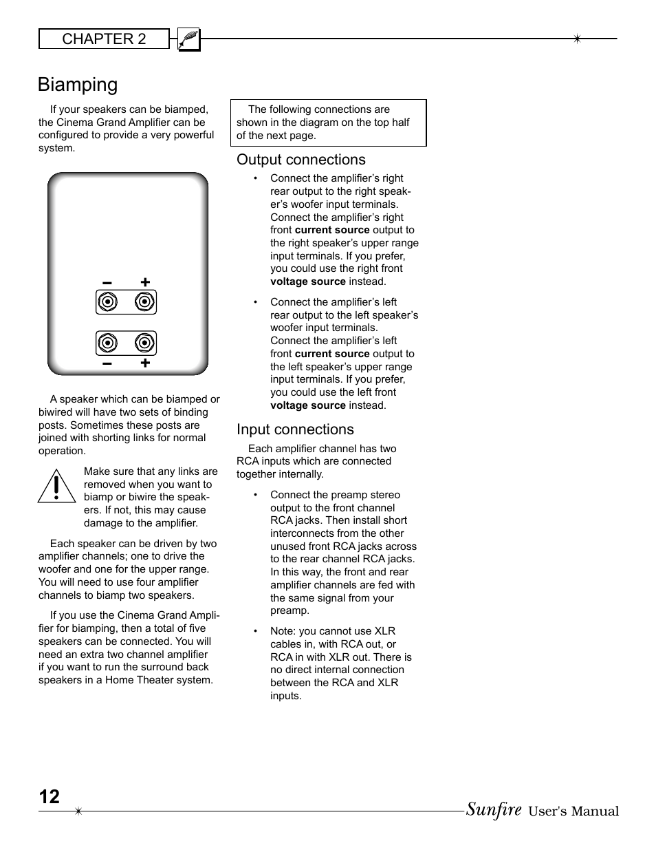 Bi amp ing, Chapter 2, Output connections | Input connections | Sunfire 200 seven User Manual | Page 12 / 20