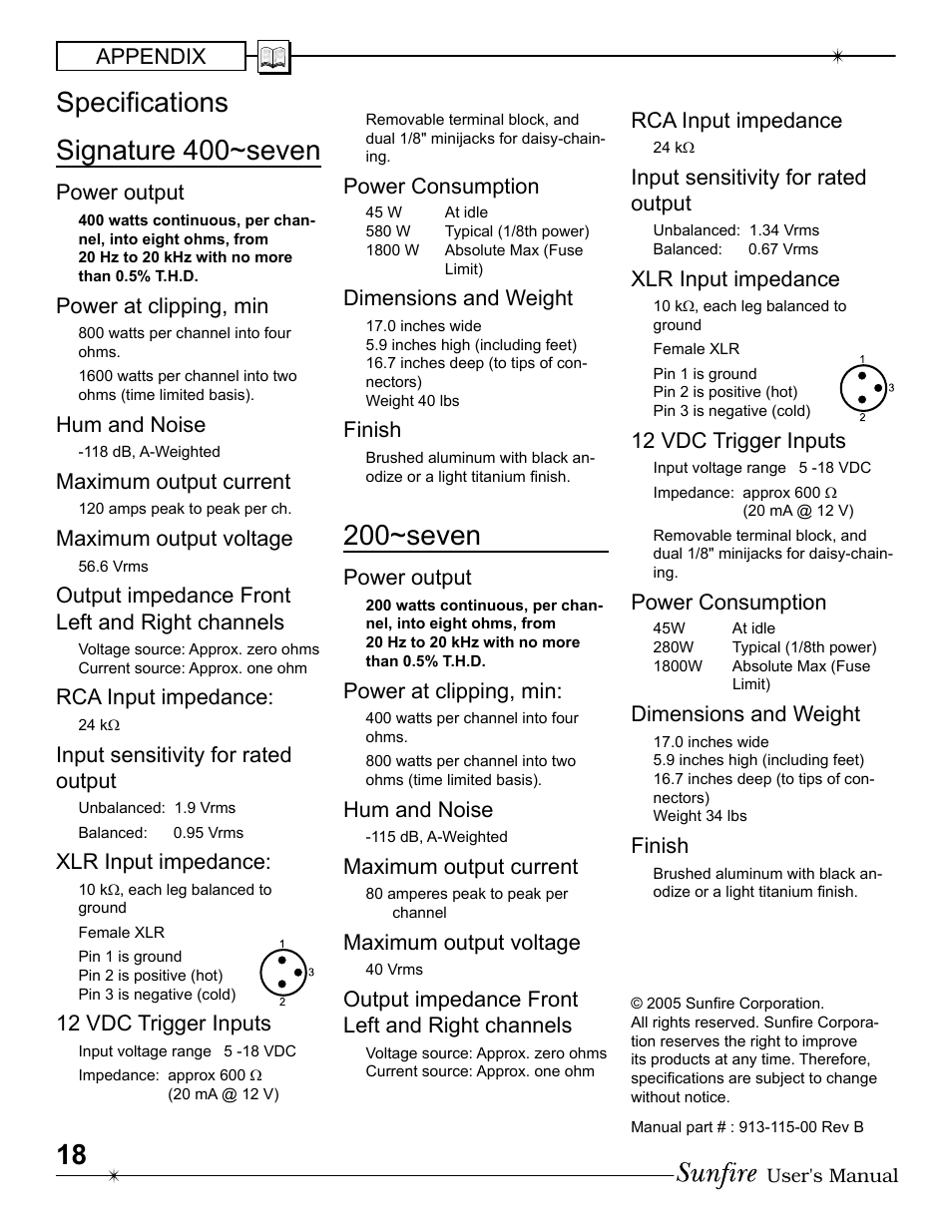 Signature 400~seven, 200~seven, Speciþ cations | Sunfire 200 seven User Manual | Page 18 / 20