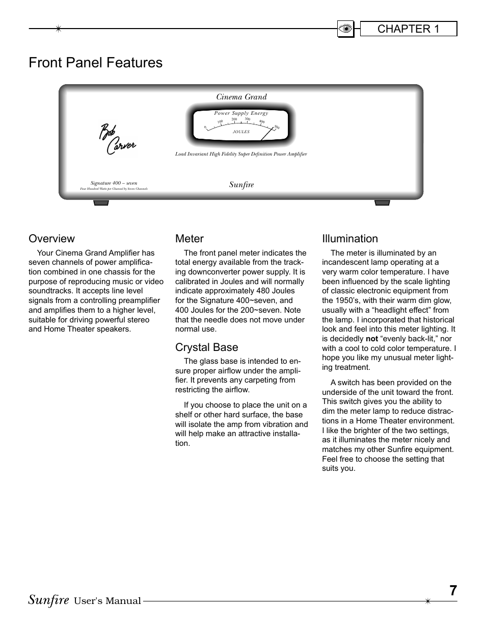 7front panel features, Overview, Meter | Crystal base, Illumination, Chapter 1, User's manual | Sunfire 200 seven User Manual | Page 7 / 20