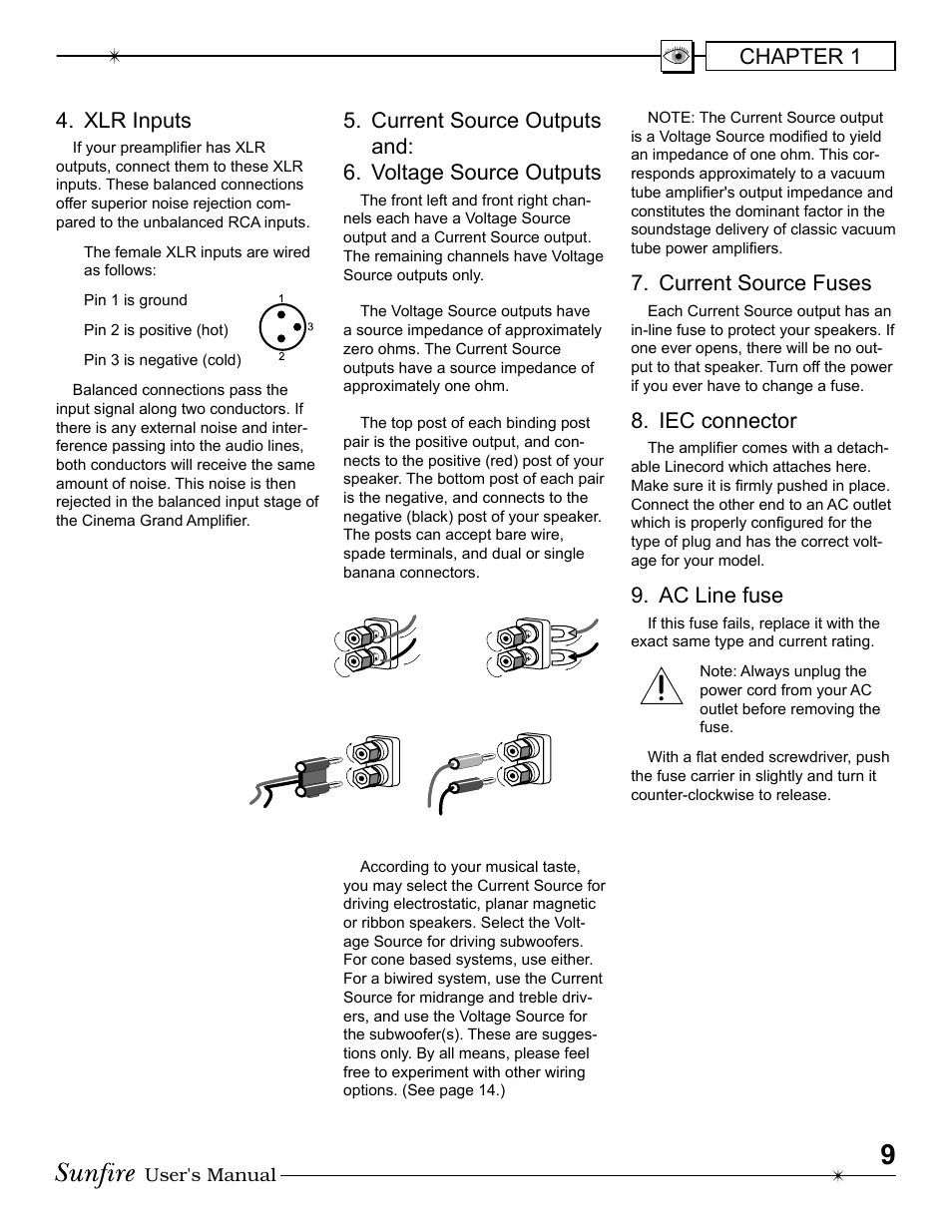 Xlr inputs, Current source fuses, Iec connector | Ac line fuse, Chapter 1 | Sunfire 200 seven User Manual | Page 9 / 20