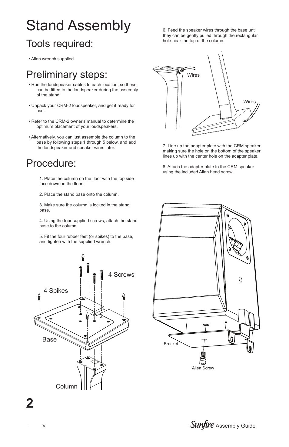 Stand assembly, Tools required, Preliminary steps | Procedure | Sunfire Speaker User Manual | Page 2 / 4
