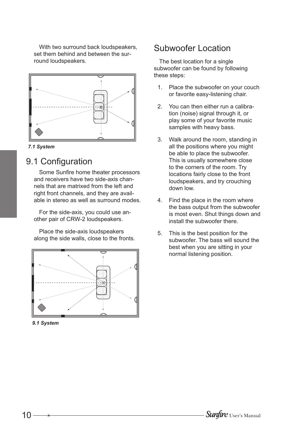 1 configuration, Subwoofer location | Sunfire CRW-2 User Manual | Page 10 / 20