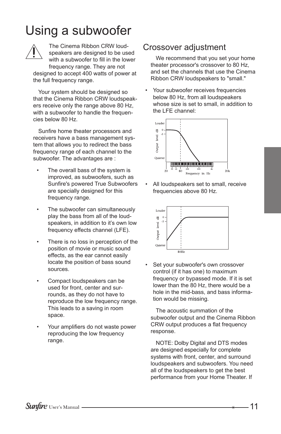 Using a subwoofer, Crossover adjustment | Sunfire CRW-2 User Manual | Page 11 / 20