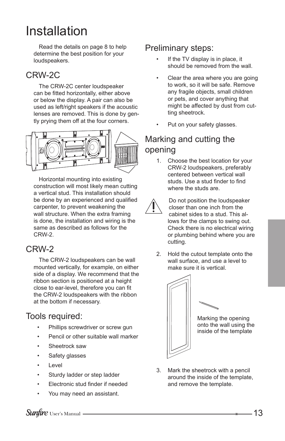 Installation, Crw-c, Tools required | Preliminary steps, Marking and cutting the opening | Sunfire CRW-2 User Manual | Page 13 / 20