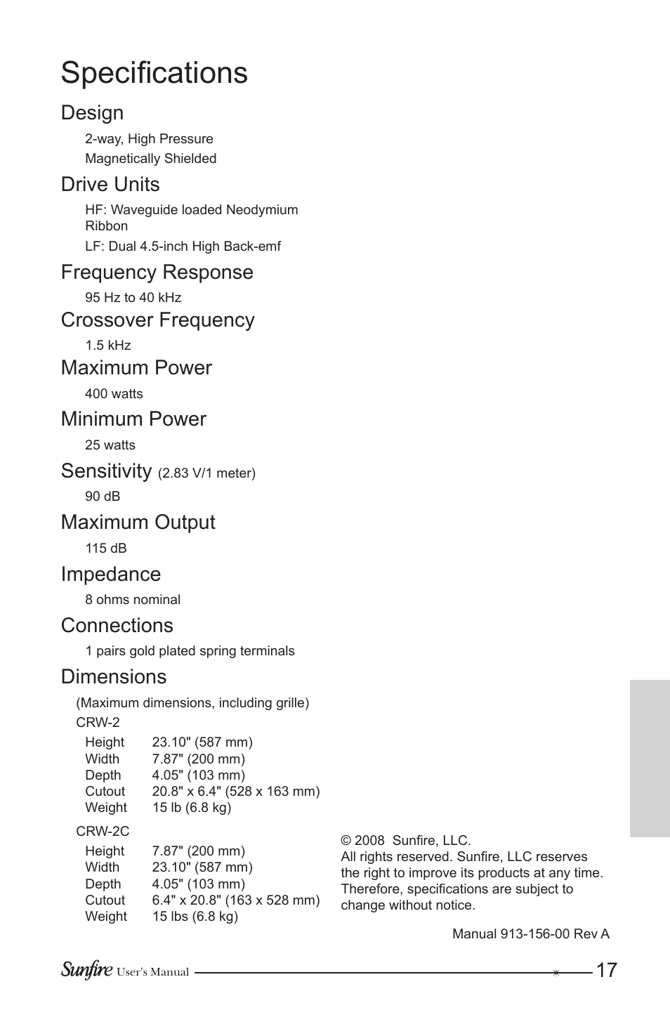 Specifications, 17 design, Drive units | Frequency response, Crossover frequency, Maximum power, Minimum power, Sensitivity, Maximum output, Impedance | Sunfire CRW-2 User Manual | Page 17 / 20