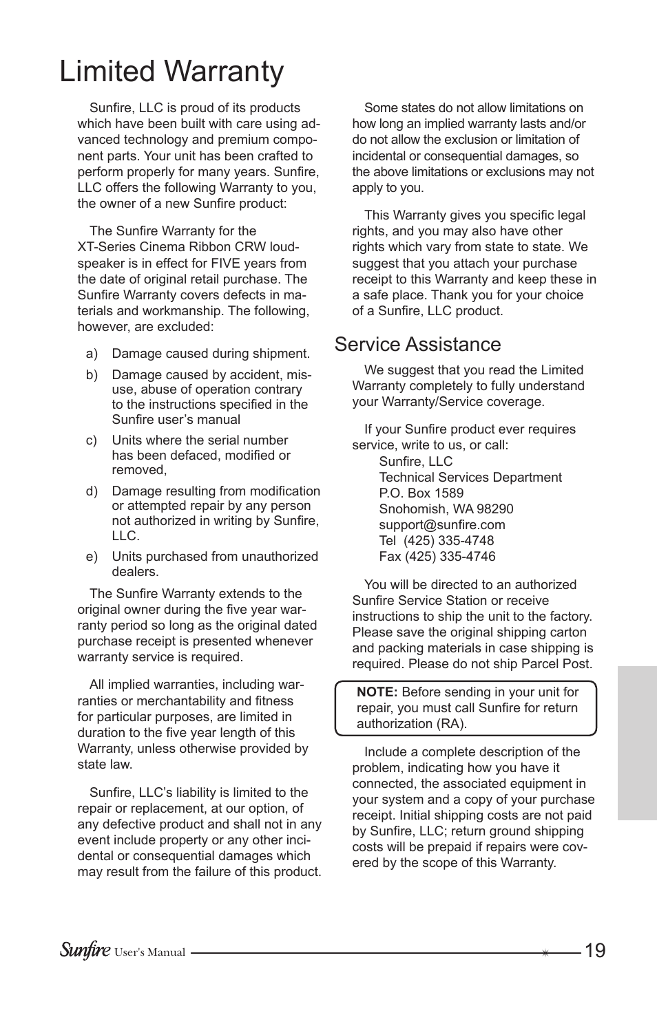 Limited warranty, Service assistance | Sunfire CRW-2 User Manual | Page 19 / 20