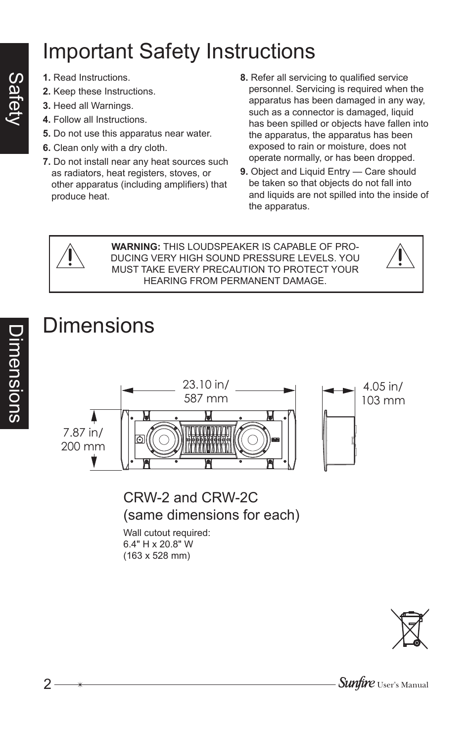 Important safety instructions, Dimensions, Dimensions safety | Crw- and crw-c (same dimensions for each) | Sunfire CRW-2 User Manual | Page 2 / 20