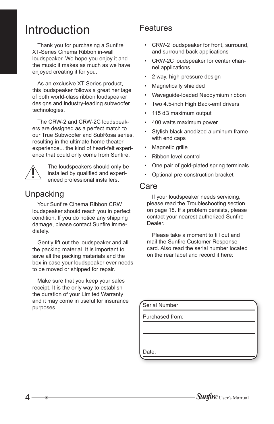 Introduction, 4features, Care | Unpacking | Sunfire CRW-2 User Manual | Page 4 / 20