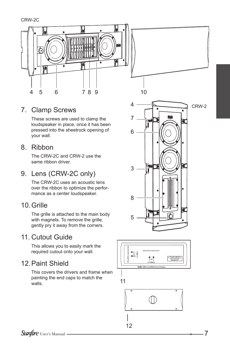 Clamp screws, Ribbon, Lens (crw-2c only) | Grille, Cutout guide, 1. paint shield | Sunfire CRW-2 User Manual | Page 7 / 20