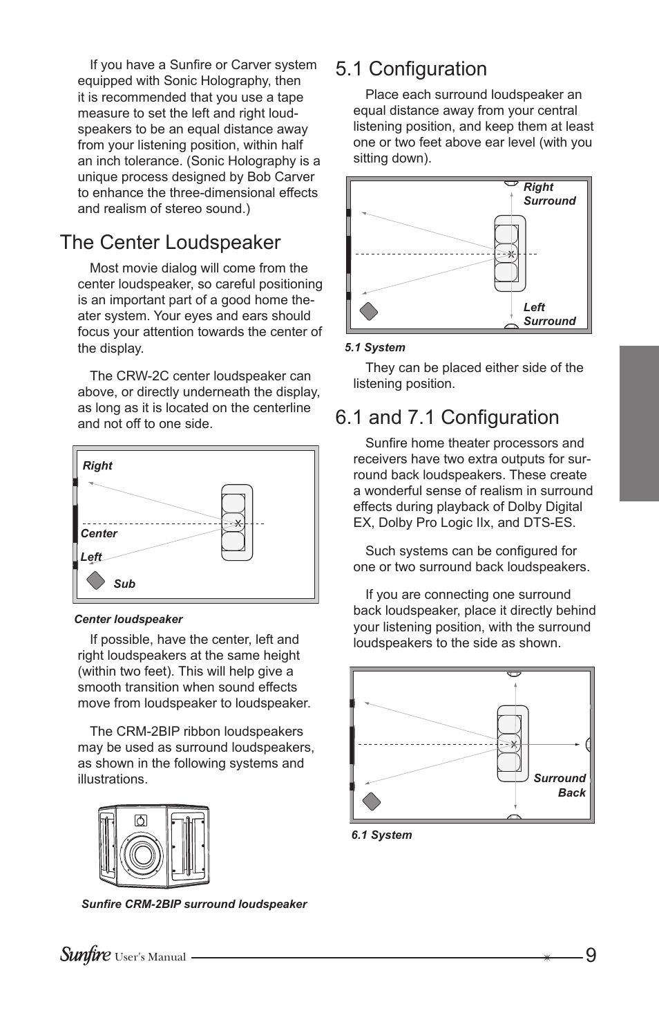 The center loudspeaker, 1 configuration, 1 and 7.1 configuration | Sunfire CRW-2 User Manual | Page 9 / 20