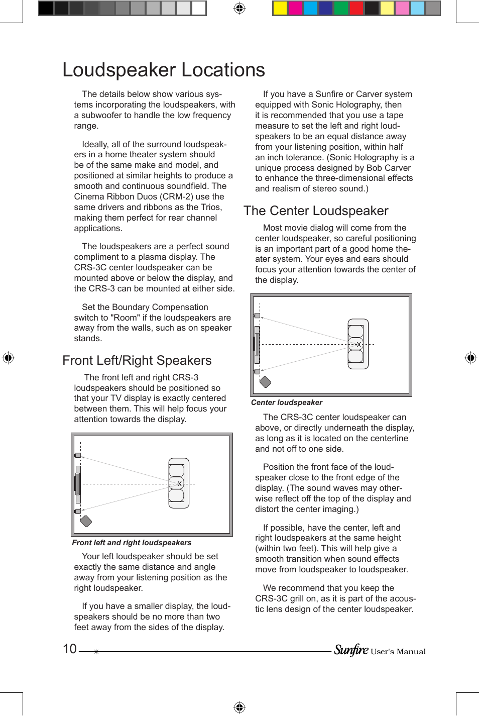 Loudspeaker locations, Front left/right speak ers, The center loudspeaker | Sunfire CRS-3 User Manual | Page 10 / 16