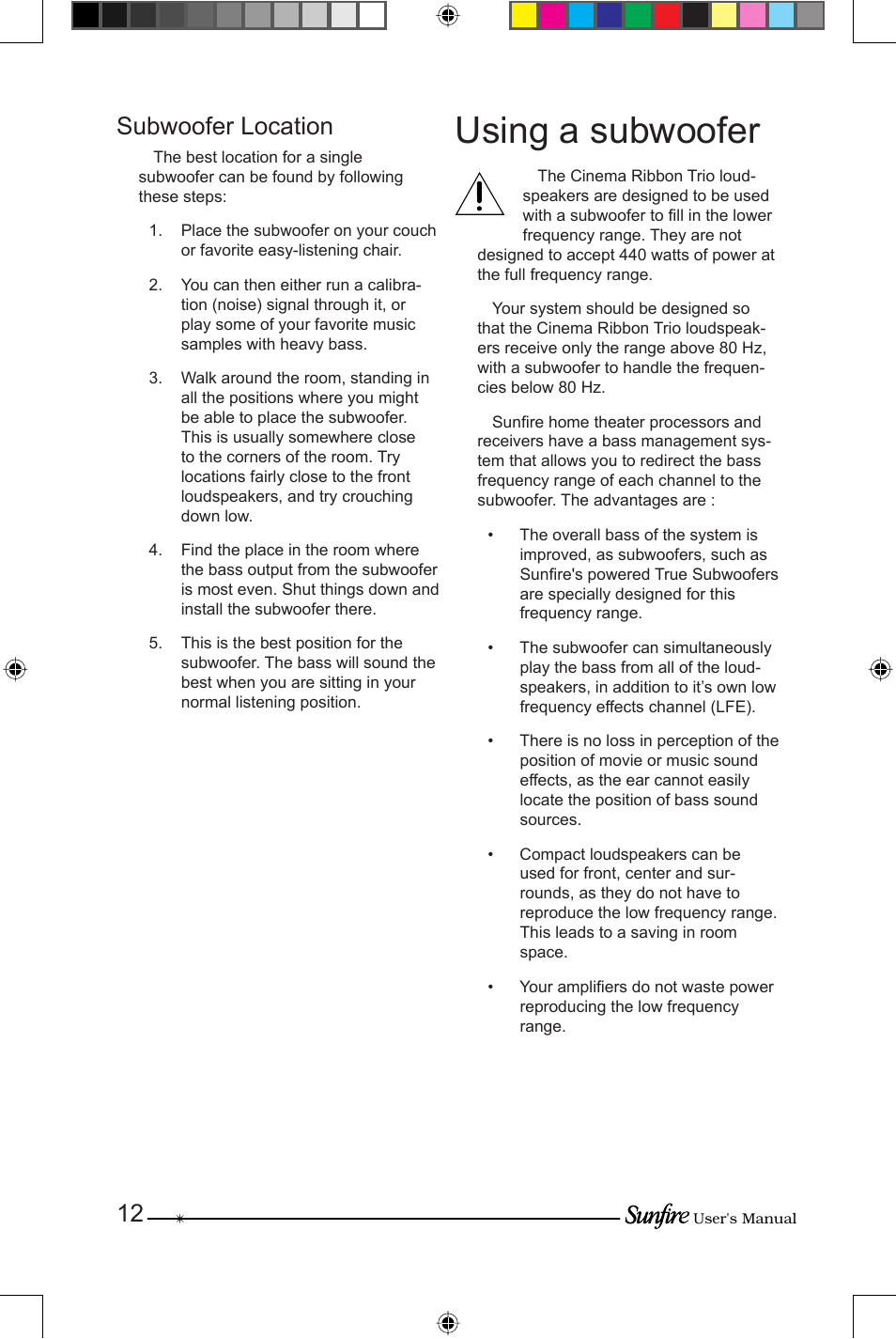 Using a subwoofer, 12 subwoofer location | Sunfire CRS-3 User Manual | Page 12 / 16