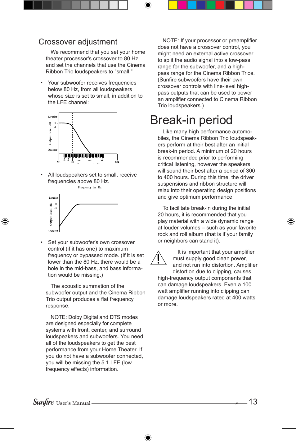 Break-in period, 13 crossover adjustment | Sunfire CRS-3 User Manual | Page 13 / 16