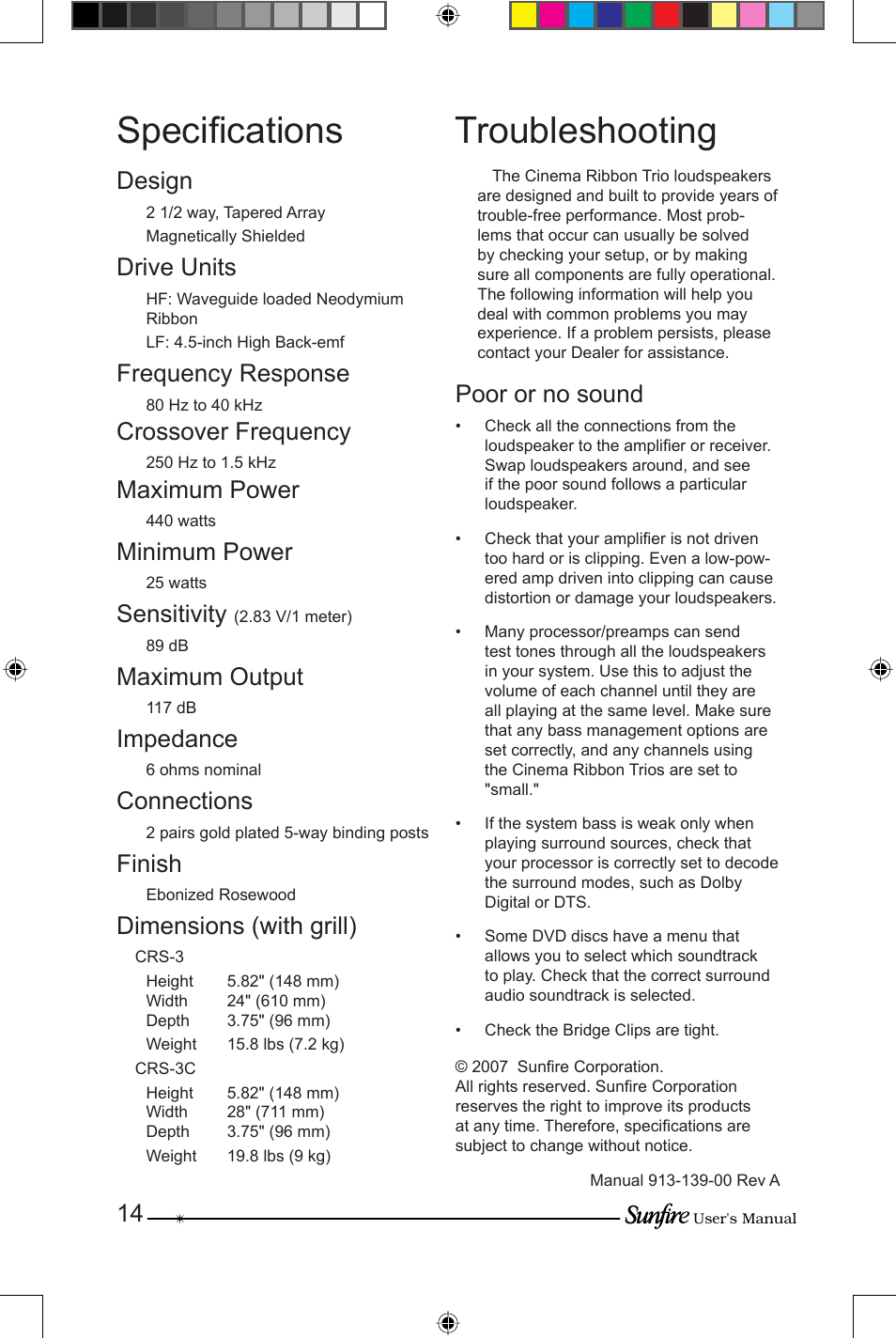 Specifi cations, Troubleshooting, Design | Drive units, Frequency response, Crossover frequency, Maximum power, Minimum power, Sensitivity, Maximum output | Sunfire CRS-3 User Manual | Page 14 / 16