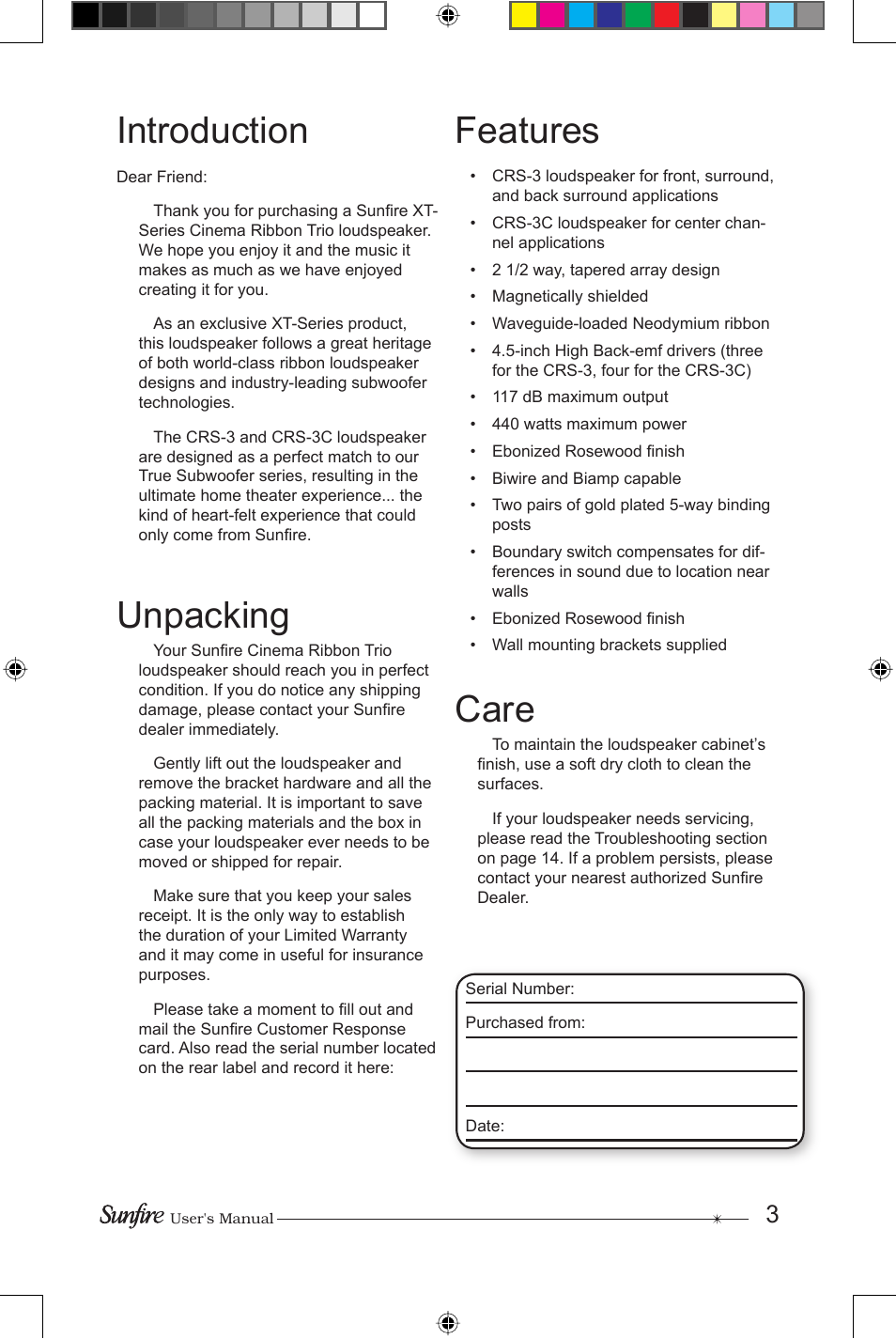 Unpacking, Features, Care | Introduction | Sunfire CRS-3 User Manual | Page 3 / 16