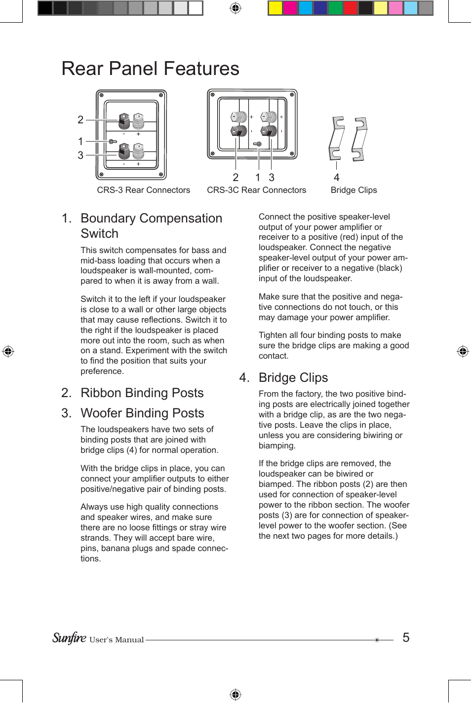 Rear panel features, Boundary compensation switch, Ribbon binding posts 3. woofer binding posts | Bridge clips | Sunfire CRS-3 User Manual | Page 5 / 16