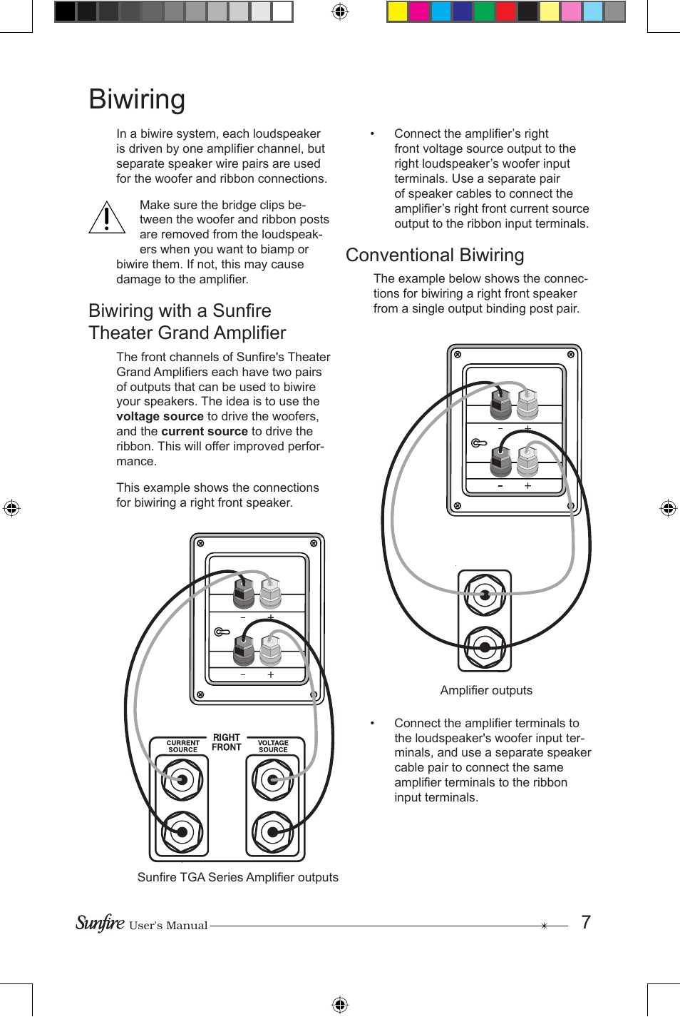 Biwiring, Biwiring with a sunfi re theater grand amplifi er, Conventional biwiring | Sunfire CRS-3 User Manual | Page 7 / 16