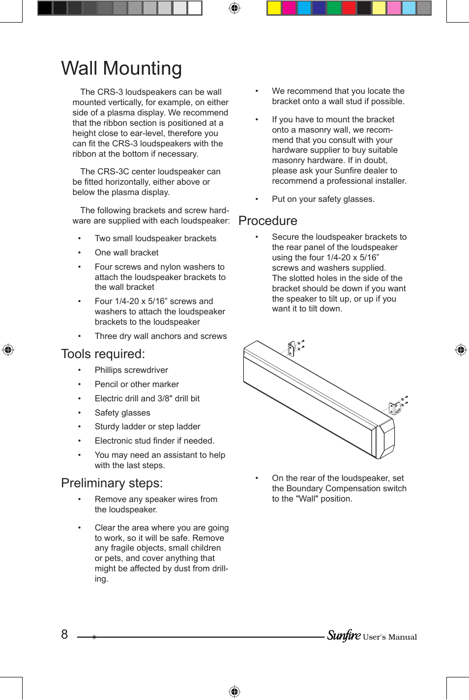 Wall mounting, Tools required, Preliminary steps | Procedure | Sunfire CRS-3 User Manual | Page 8 / 16