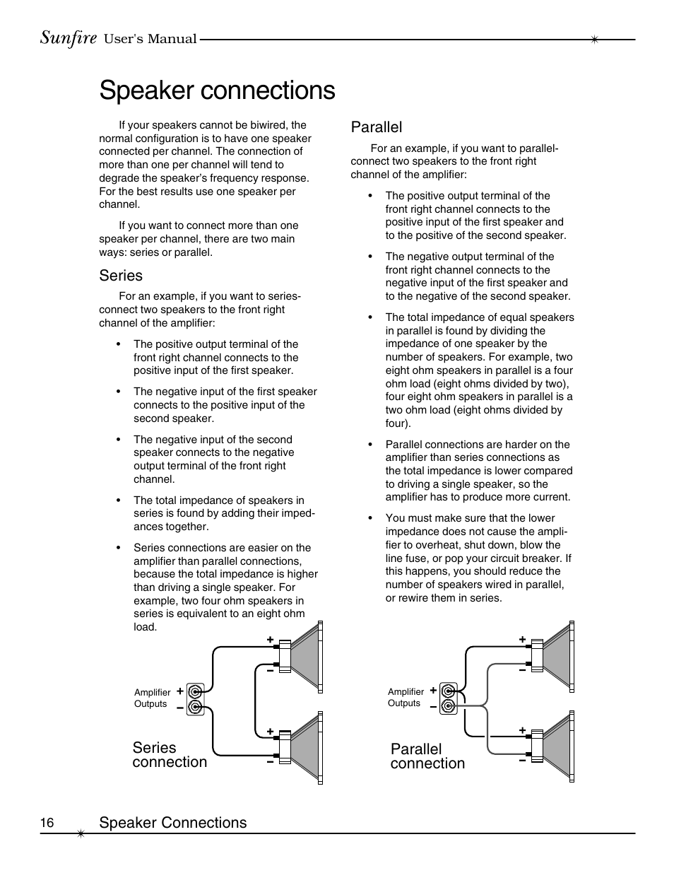 Speaker connections, Series, Parallel | Sunfire Series II User Manual | Page 16 / 20