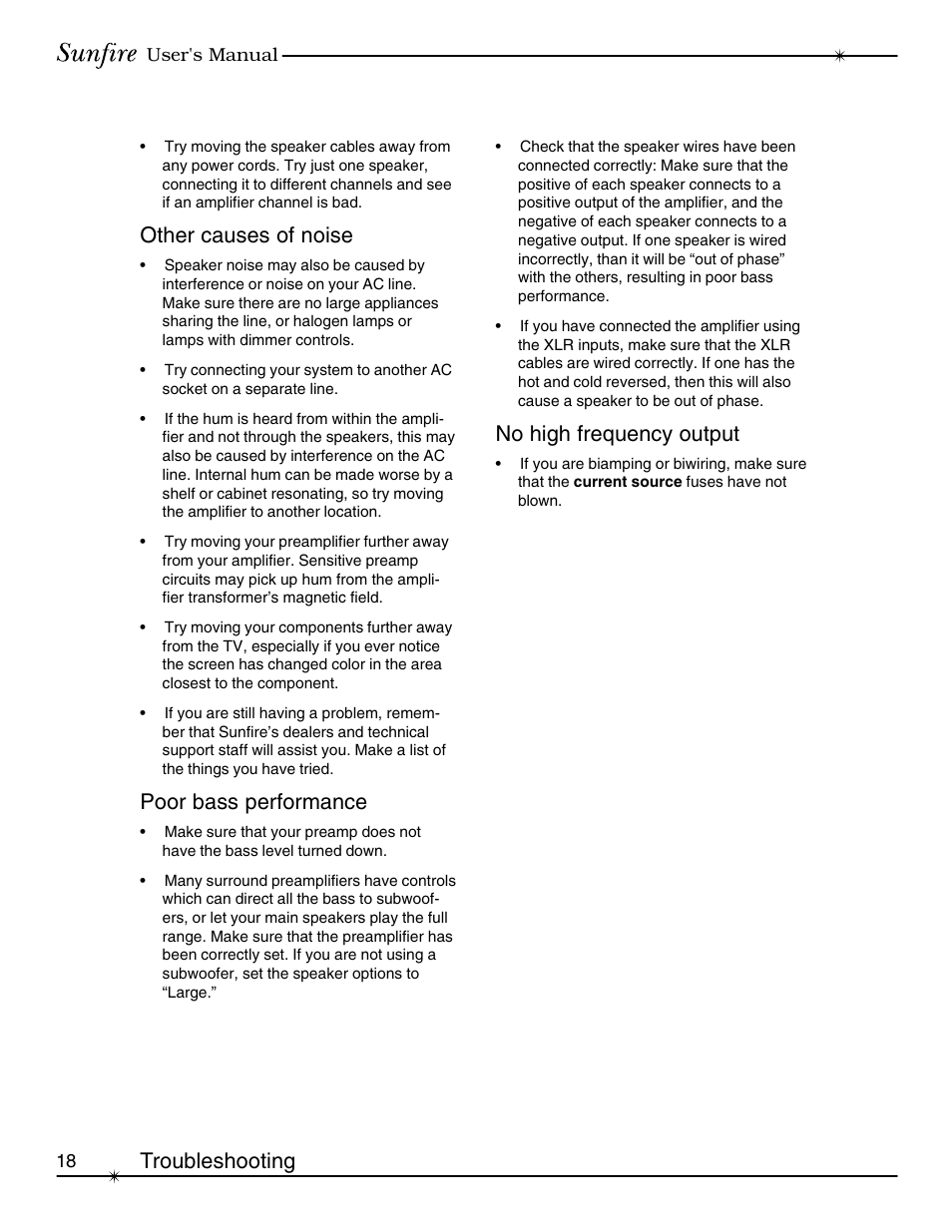 Other causes of noise, Poor bass performance, No high frequency output | Troubleshooting | Sunfire Series II User Manual | Page 18 / 20