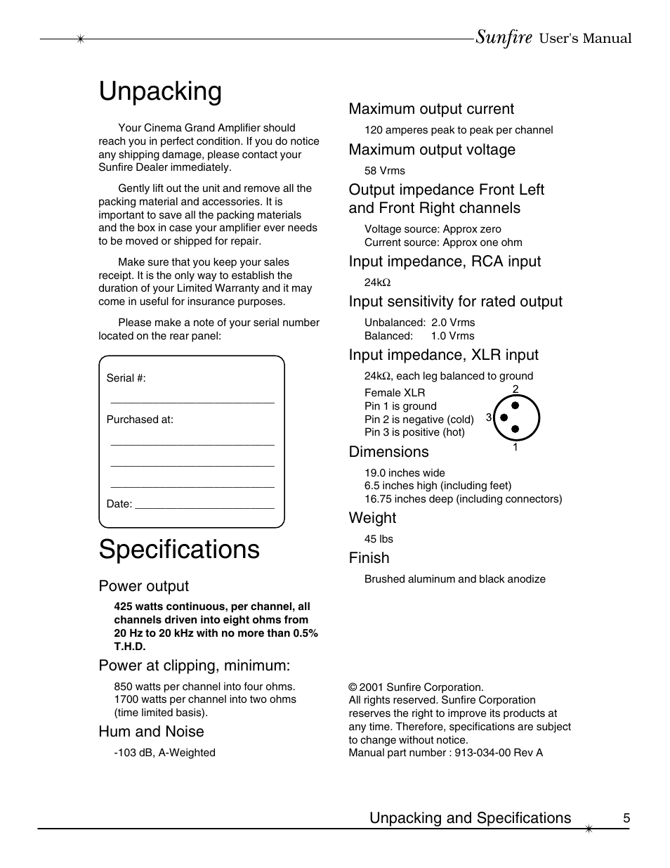 Unpacking, Specifications | Sunfire Series II User Manual | Page 5 / 20