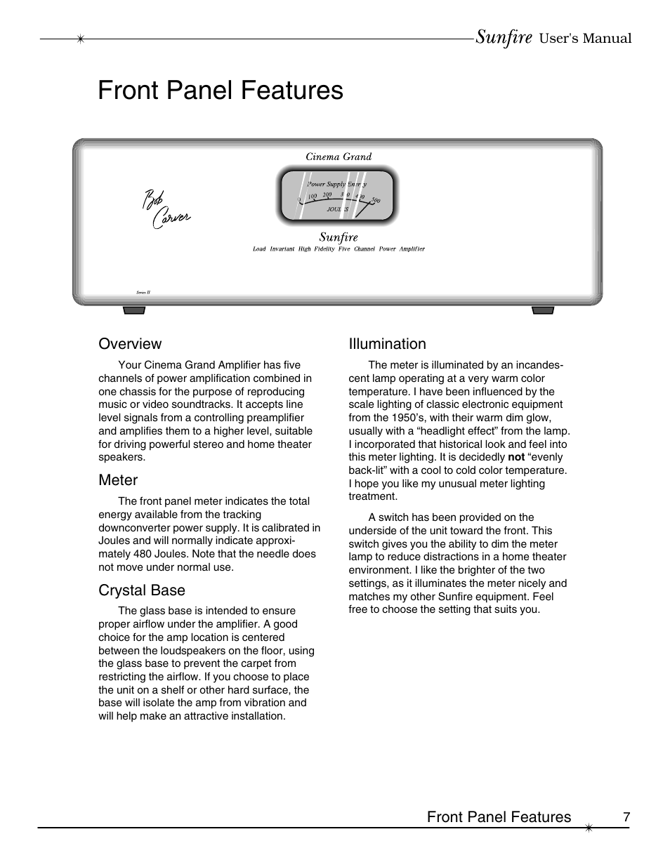 Front panel features | Sunfire Series II User Manual | Page 7 / 20