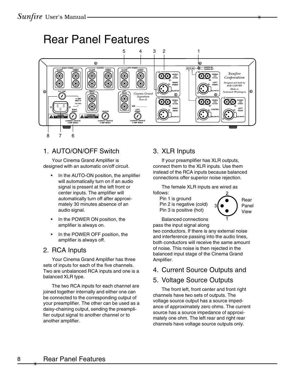 Rear panel features, Xlr inputs, Rear panel features 1. auto/on/off switch | Rca inputs | Sunfire Series II User Manual | Page 8 / 20