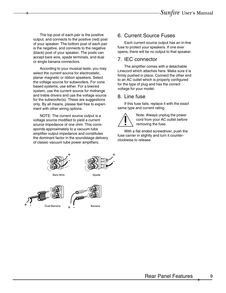 Rear panel features, Current source fuses, Iec connector | Line fuse | Sunfire Series II User Manual | Page 9 / 20