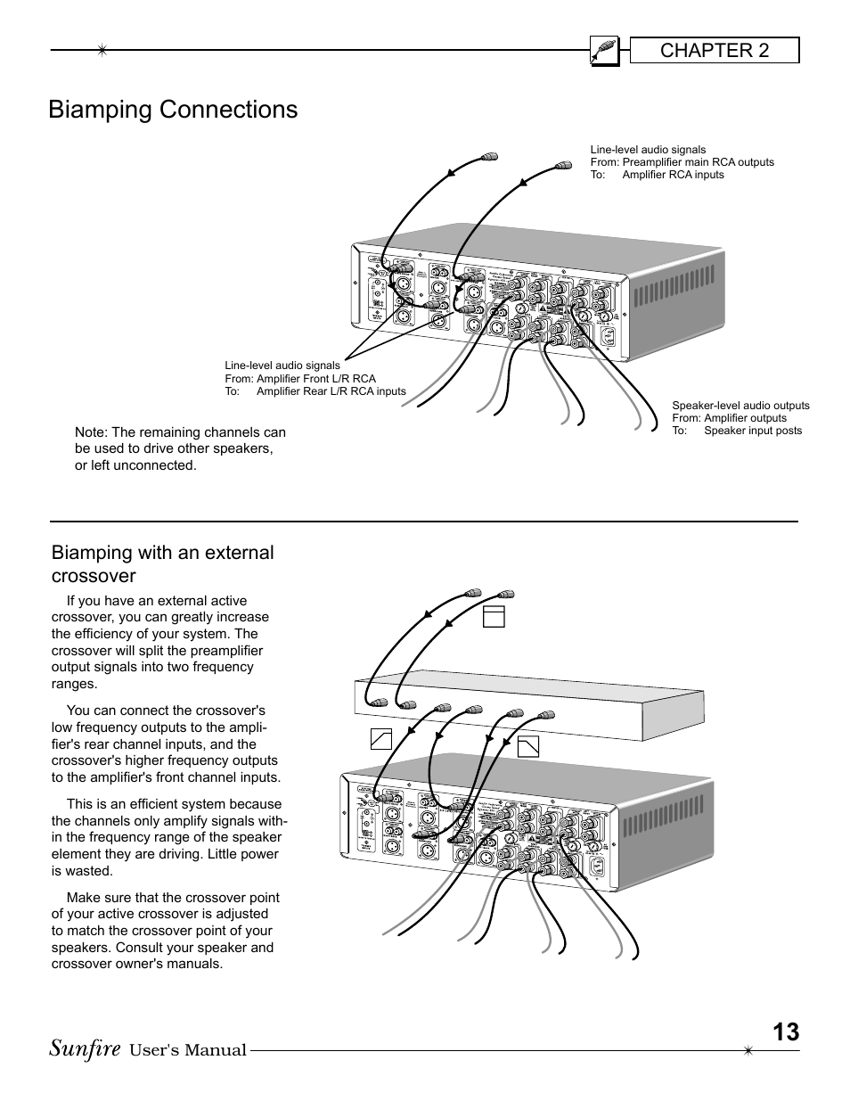 Biamping connections, Chapter 2, Biamping with an external crossover | User's manual | Sunfire Cinema Grand Power Supply Energy Load Invariant High Fidelity Super Definition Power Amplifier User Manual | Page 13 / 20