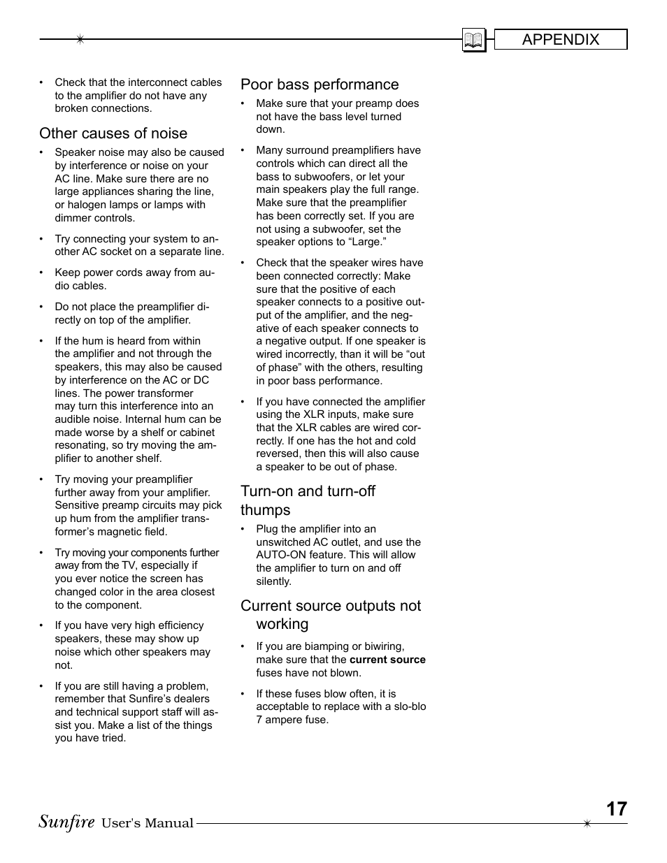 Appendix, Other causes of noise, Poor bass performance | Turn-on and turn-off thumps, Current source outputs not work ing | Sunfire Cinema Grand Power Supply Energy Load Invariant High Fidelity Super Definition Power Amplifier User Manual | Page 17 / 20
