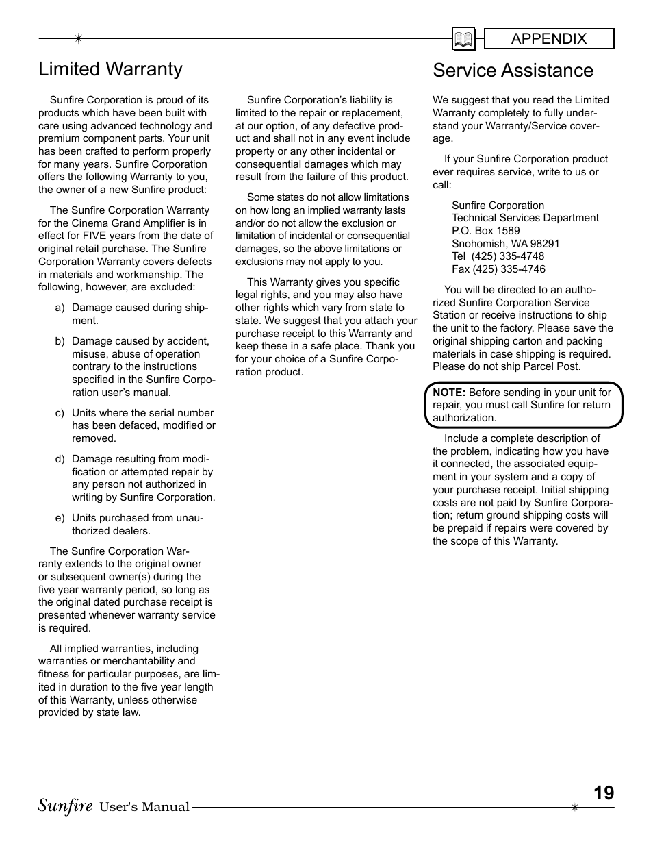 Limited warranty, Service assistance, Appendix | Sunfire Cinema Grand Power Supply Energy Load Invariant High Fidelity Super Definition Power Amplifier User Manual | Page 19 / 20