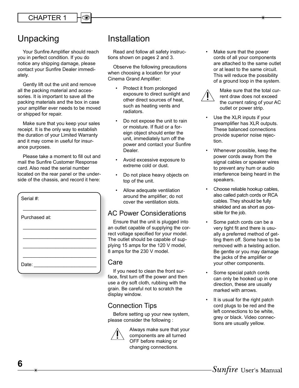 6installation, Unpacking, Ac power considerations | Care, Connection tips, Chapter 1 | Sunfire Cinema Grand Power Supply Energy Load Invariant High Fidelity Super Definition Power Amplifier User Manual | Page 6 / 20