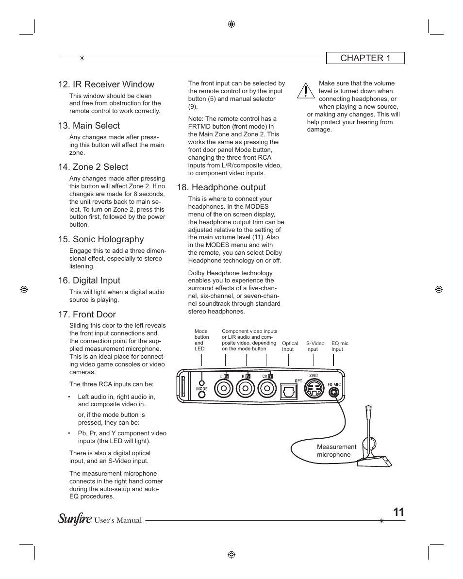 Chapter 1 12. ir receiver window, Main select, Zone 2 select | Sonic holography, Digital input, Front door, Headphone output | Sunfire TGR401 User Manual | Page 11 / 69