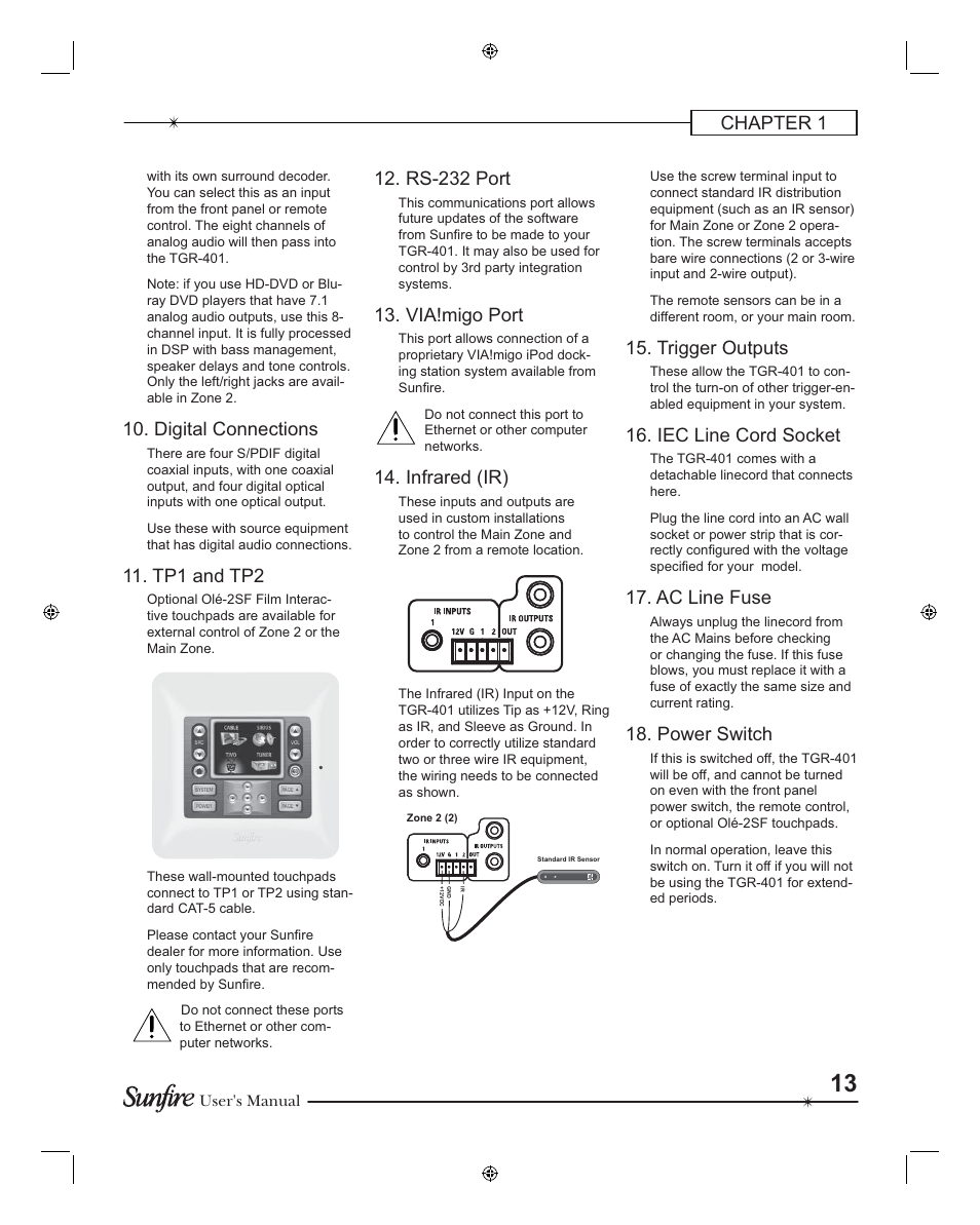 Chapter 1, Trigger outputs, Iec line cord socket | Ac line fuse, Power switch, Digital connections, Tp1 and tp2, Rs-232 port, Via!migo port, Infrared (ir) | Sunfire TGR401 User Manual | Page 13 / 69