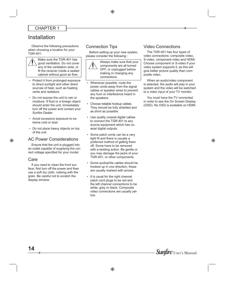 Installation, Chapter 1, Ac power con sid er ations | Care, Connection tips, Video connections | Sunfire TGR401 User Manual | Page 14 / 69