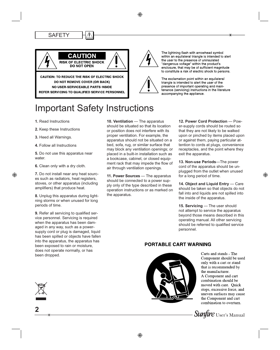 Important safety in struc tions | Sunfire TGR401 User Manual | Page 2 / 69